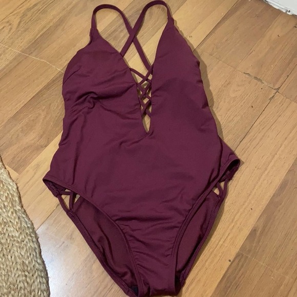 Kenneth Cole Lace Up Burgundy One Piece Swimsuit size Small MED - Picture 15 of 15